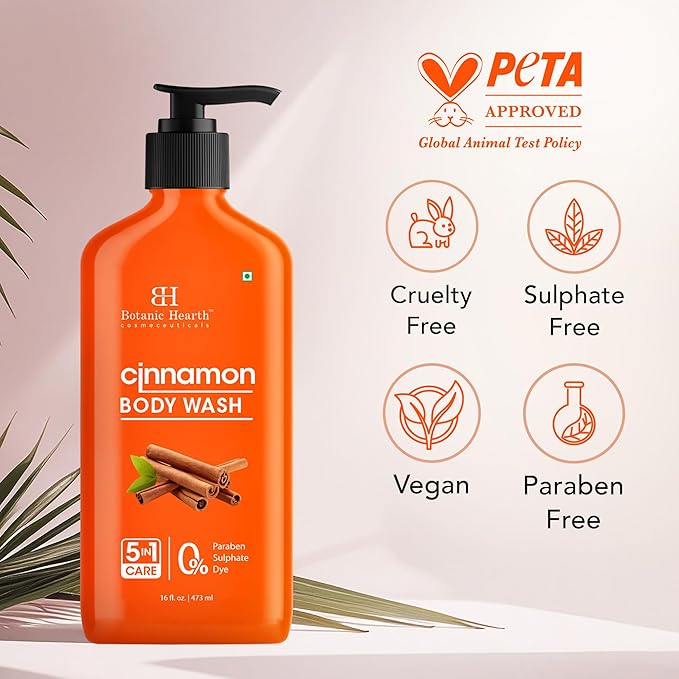 Botanic Hearth Cinnamon Body Wash | Invigorating Shower Gel with Natural Cinnamon Extract | 5-in-1 Care Formula | Paraben & Sulphate Free | Gentle Hydrating Body Cleanser for All Skin Types | 16 fl oz