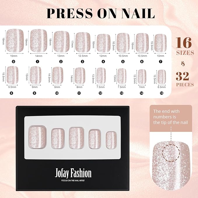 Cat Eye Press on Nails Short, Jofay Fashion Soft Gel Fake Nails, Elegant Nude Press on Nails, Reusable & Natural Acrylic False Nails, Stick on Nails for Women Girls Gift, Glue on Nails Kit 32 Pcs