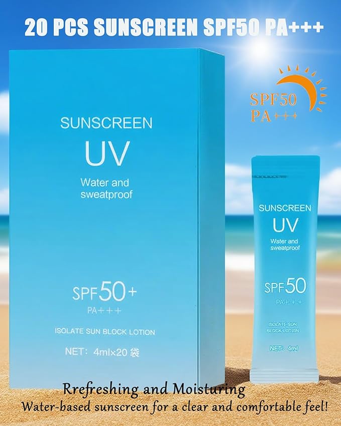 20 Pack Sunscreen SPF50+PA+++ (4ml Each),Moisturizing Travel Size Sunscreen Bulk Lightweight &Portable,Face&Body Waterproof Mini Suncreens Lotion Sun Cream Women Travel,Outdoor Vacation,Daily Use-A