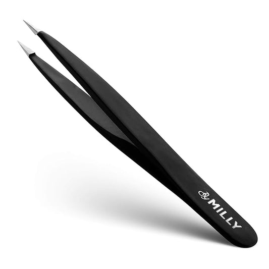 Pointed Tweezers | High Carbon Stainless Steel Needle Nose | Fine Point Precision Hair Removal | Perfectly Aligned & Hand-Filed Sharp | Black