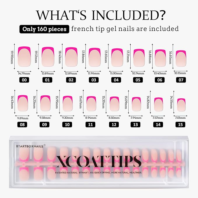 BTArtboxnails XCOATTIPS French Gel Nails - French Tip Press on Nails, Short Square Nail Tips, Brighter Pastel Soft Gel Nails False Nail, Soak Off Acrylic Fake Nails Extensions Art