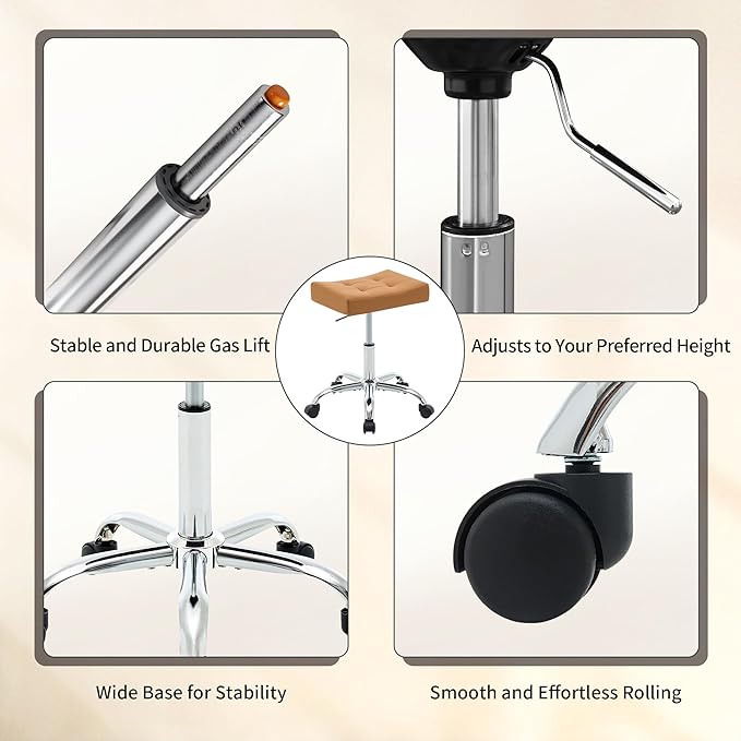 Rolling Stool Adjustable Height (300lbs Capacity) (Sturdy Base) Multifunctional Nail Tattoo Vanity Massage Stool (Camel Brown)