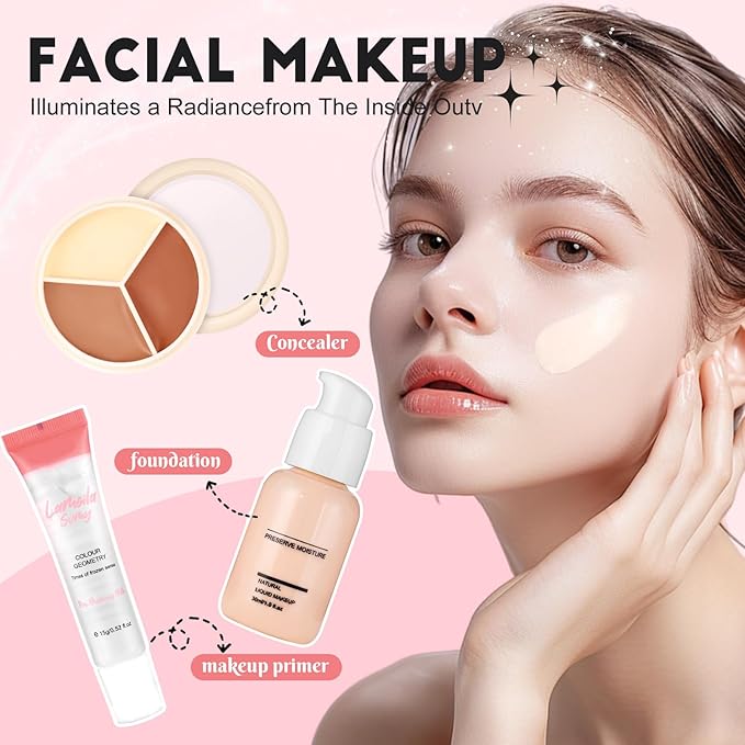 All In One Makeup Kit For Teen Girls Beginners:With Foundation, Face Primer, Eyeshadow, Lipstick, Eyeliner, Mascara, Brushes, Bag, Travel Friendly MakeUp Gift Set, Stocking Stuffers for Teen Girls