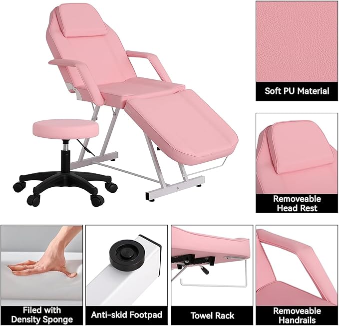 Multipurpose 3-Section Spa Massage Table with Hydraulic Stool, 73-inch Adjustable Tattoo Chair Esthetician Lash Bed with Removable Headrest, Salon Chair Facial Bed for Beauty Barber Massage Equipment