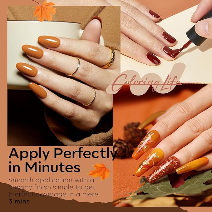 modelones Gel Nail Polish Set, 6 Colors 2025 Fall Winter Thanksgiving Nude Brown Gel Polish Glitter Pearl Cinnamon Tawny Orange Cherry Mocha Nail Polish All Skin Tones Soak OFF LED Nail Art DIY Gift