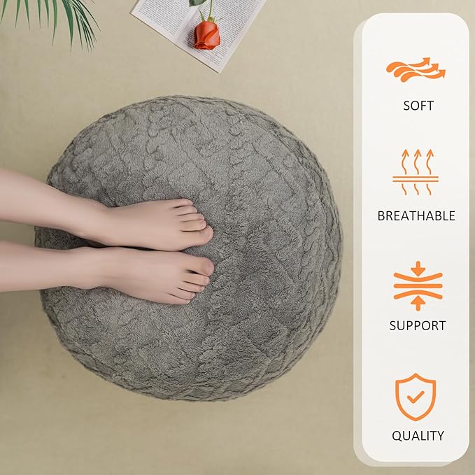 Round Stuffed Pouf Ottoman for Foot Rest, Faux Fur Poufs with Foam Chunk Filling, Storage Ottoman Pouf Foot Stool Cushion, 20 X 15 InchFloor Poufs Foot Rest for Living Room Bedroom Home Decor (Grey)