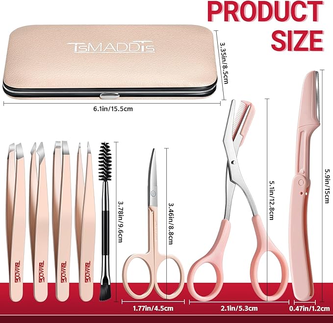 TsMADDTs Tweezers for Women Facial Hair, 8 in 1 Eyebrow Kit with Tweezers, Eyebrow Trimmer Scissors, Razor, Brush with Travel Bag, Hair Plucking Daily Beauty Tools