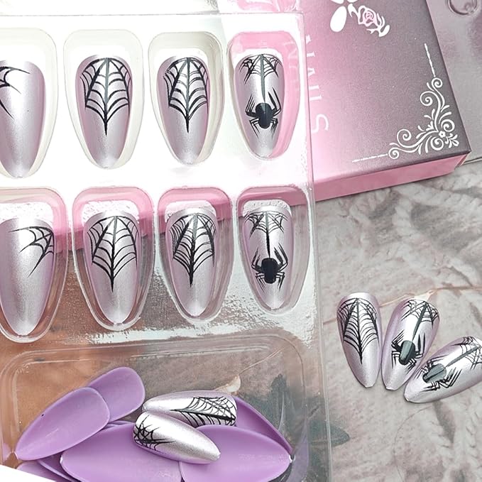 24Pcs Halloween Press on Nails Short Pink Chrome Fake Nails Almond Shaped Black Spider Web Full Cover Glitter Glue on Nails Goth False Nails Artificial Reusable Stick on Nail for Women Acrylic Salon