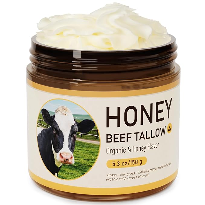 Beef Tallow, Beef Tallow for Skin, Tallow Face Moisturizer, Honey-Flavoured Whipped Tallow Face Cream Moisturizer Beef Tallow Blam Grass Fed Body Lotion Skin Care, 5.3 OZ