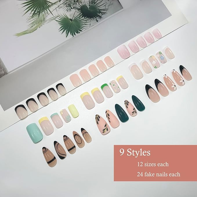 9 Packs (216 Pcs) Press on Nails, Jsiallye Short French Tip Press on Nails, Press on Nails Almond Square with Flower, Glue on Nails for Girl Nail Art, 12 Size of Fake Nails - 9 Styles Nail Kits