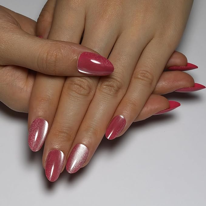 Red Almond Press On Nails Short Cat Eye Press on Nails with Glue for Women Ashionable Gel False Nails Reusable Acrylic False Nails Women's Glitter Nails Glue On Nails Kit, Plum Red