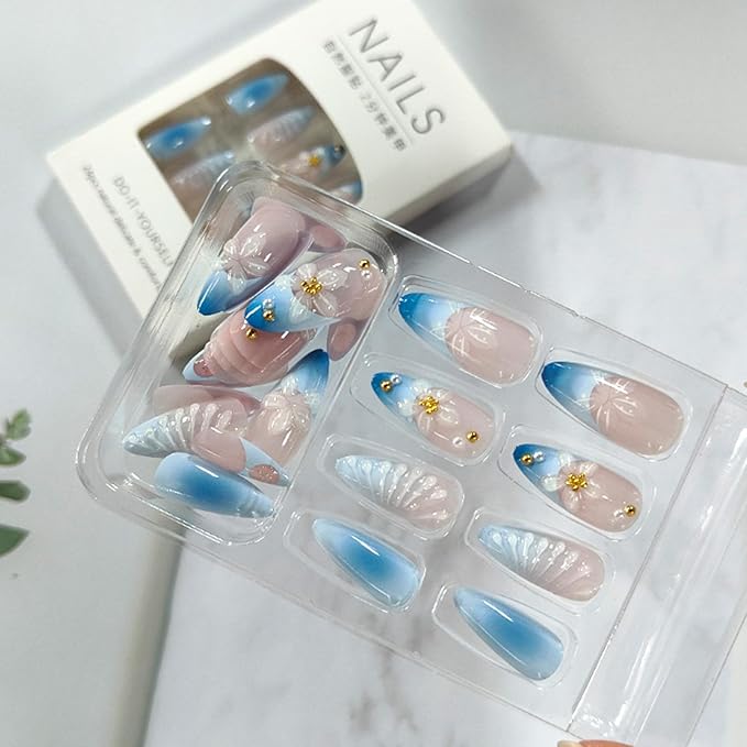 Blue French Tip Press on Nails Medium Almond Fake Nails with 3D Flower Designs Blue Gradient Acrylic False Nails Summer Glue on Nail Reusable Full Cover Stick on Nail for Women 24Pcs