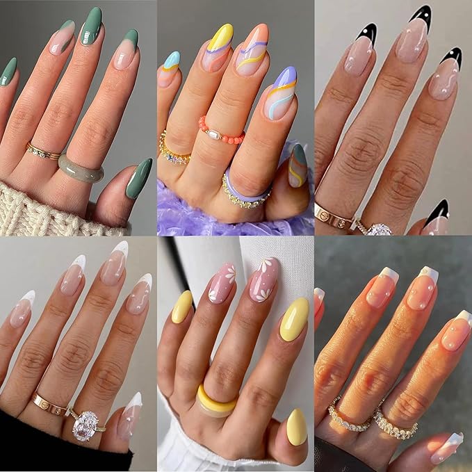 6 Packs (144 Pcs) Press on Nails, Jsiallye French Tip Press on Nails Almond Square with Pearl, Flower Swirl Press on Nails, Glue on Nails in 12 Sizes - 24 Fake Nails Kit, Stick on Nails for Women