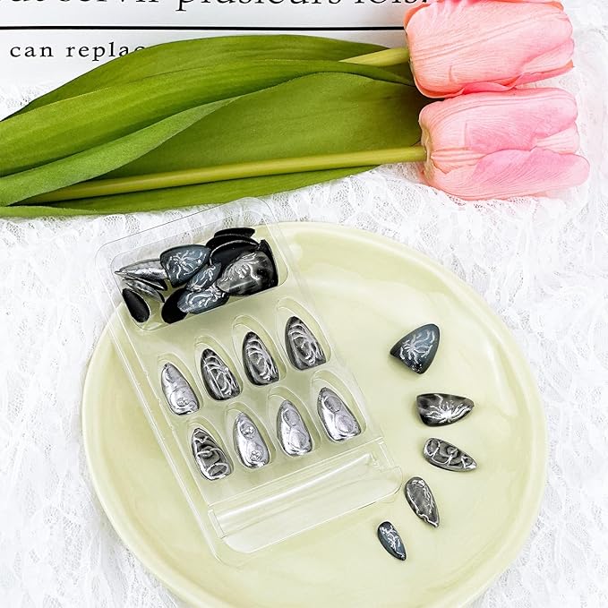 30pcs Goth Press on Nails Medium Almond Fake Nails with Silver Stripes Pearl Designs Dark Stick on Nails Reusable Handmade Nails Black False Nails Silver Full Cover for Women