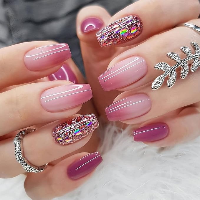 Press on Nails Short Coffin, Purple & Pink Purple Gradient Full Cover Fake Nails Acrylic False Nails with Glitter Sequins Designs Artificial Glue on Nails for Women 24 Pcs