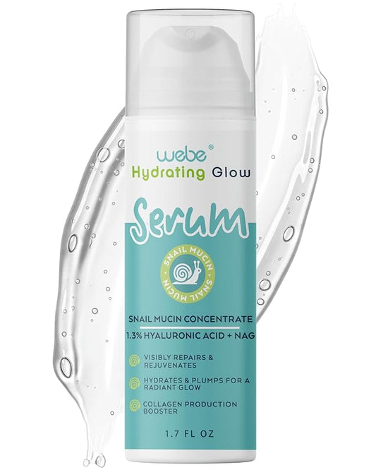WEBE Naturals Snail Mucin 94% Hydrating Glow Serum | 1.3% Hyaluronic Acid & N-Acetyl Glucosamine | Collagen Boosting, Plumping, Anti Aging, Intense Moisturizing Serum for Radiant, Dewy Skin