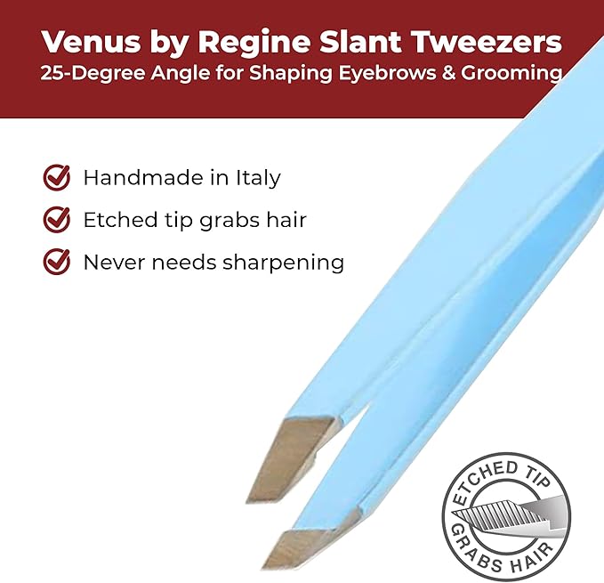 Venus by Regine Slant Tweezers - Handmade Precision Tool for Women & Men, 25-Degree Angle for Shaping Eyebrows & Grooming Facial Contours, Suitable for Eyebrow & Facial Hair Removal (Bright Blue)