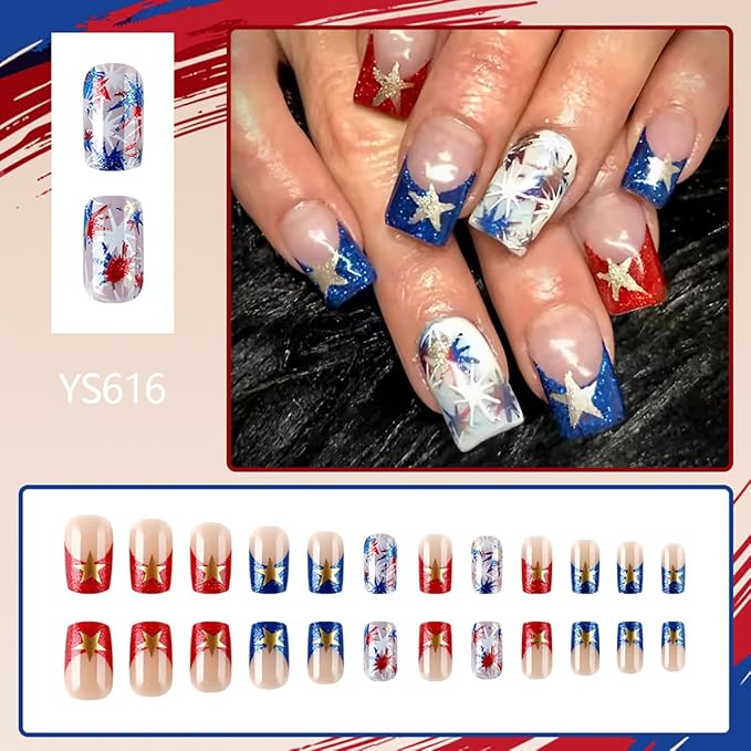 Fourth of July Press on Nails Independence Day Fake Nails French Tip False Nails Red Blue Fireworks with Star Design Glitter Stick on Nail Full Cover Acrylic Glue on Nail for Women Decor Manicure