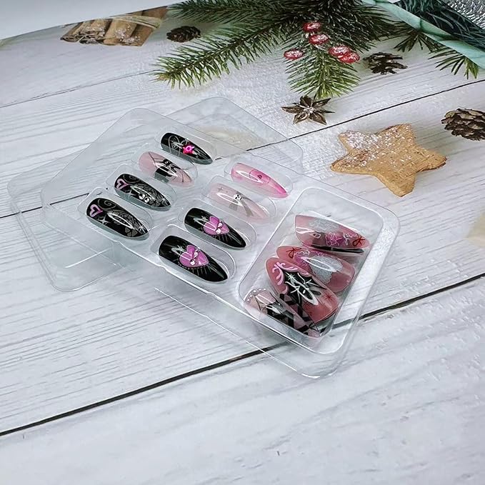 24pcs Halloween Nails - Handmade Press on Nails Black Bat Graffiti Fake Nails Medium Almond Halloween Press on Gothic Punk Stick on Nails Full Cover Artificial Acrylic Fake Nail Tips Manicure Finger