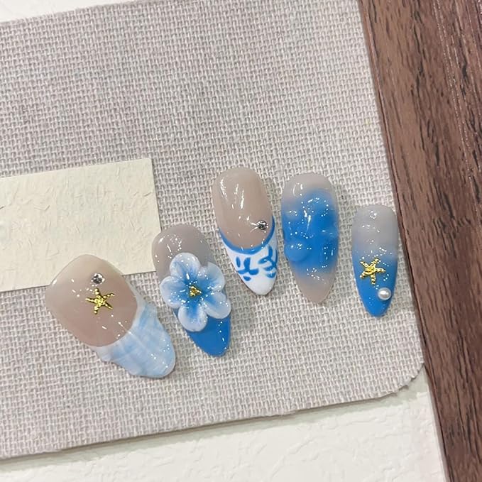 10Pcs Blue Flower Press on Nails Medium Almond French Tip Fake Nails 3D Flowers Starfish with Rhinestones Glitter Designs Full Cover Glue on Nails Summer False Nails for Women Girls Acrylic Nails