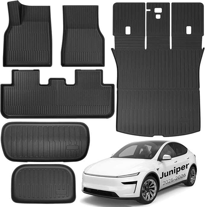 2025 2026 Tesla Model Y Juniper Floor Mats Newly Upgraded Heavy-Duty TPE Floor Mats All-Weather anti-slip Front and Rear Cargo Liner 2nd row Seat Back Pad Trunk Mat Interior Accessories,Full Set 9 PCS