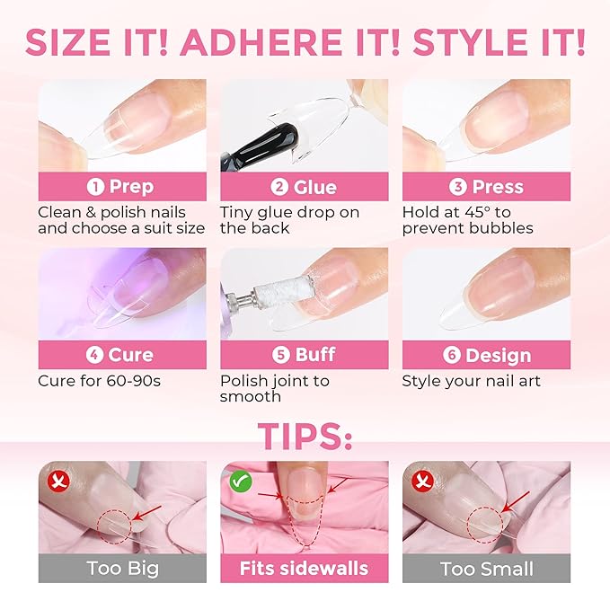 Almond Nail Tips, 504PCS Pre Etched Half Cover Fake Nails Tips, 12 Sizes Medium Almond Shape Clear Soft Natural Acrylic Press On Gel Nail Extensions DIY Salon