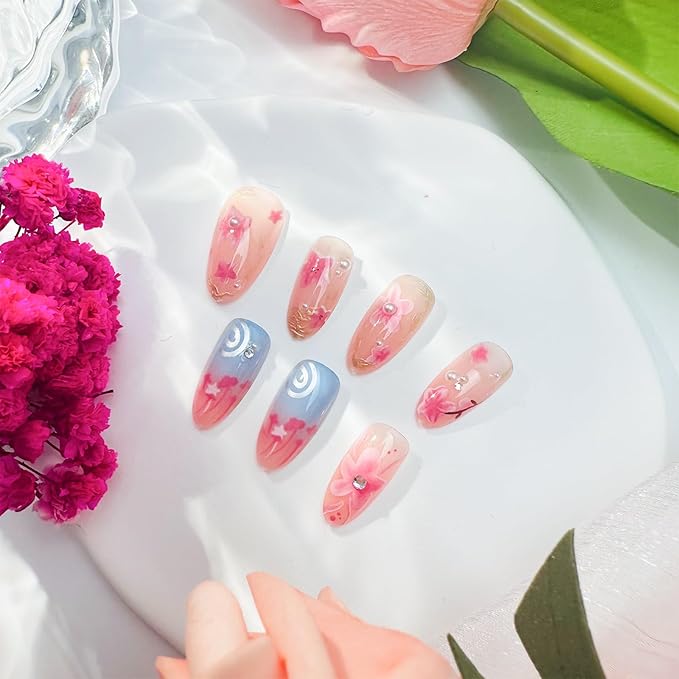 30Pcs Pink Almond Press On Nails with 3D Pearl Rhinestones, ABS Acrylic Material, Full Cover Nail, Modern Style, Multicolor Pattern, Glossy Finish, 1 Set of 30 Pieces