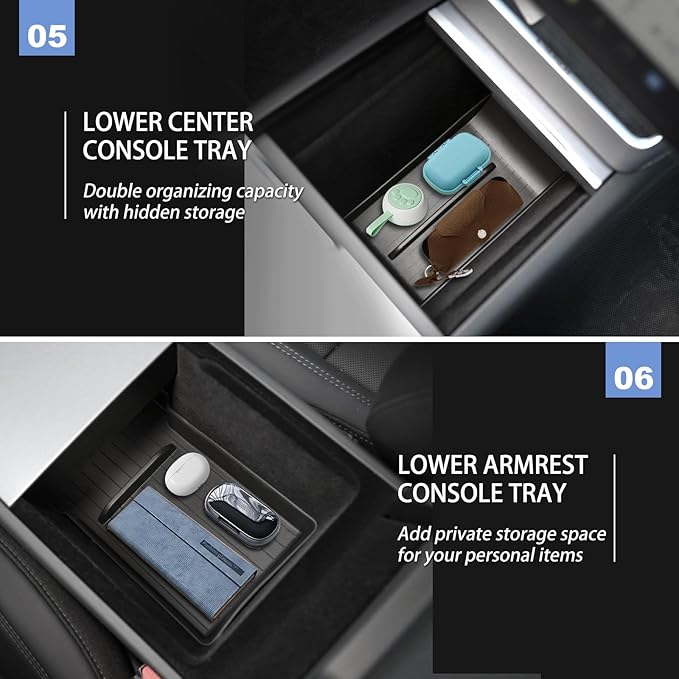 10PCS Center Console Organizer for Tesla Model Y Juniper 2025 2026 Accessories, Double Layer Center Console Trays Charger Pad Cup Holder Hidden Storage Box Armrest Cover for Model Y Juniper