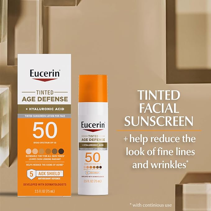 Eucerin Sun Tinted Age Defense SPF 50 Face Sunscreen Lotion, Hypoallergenic, Fragrance Free Tinted Sunscreen SPF 50 with Hyaluronic Acid, 2.5 Fl Oz Bottle