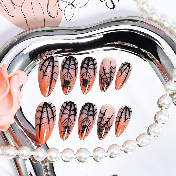 24Pcs Halloween Press on Nails Medium Almond Fake Nails with Spider Design Halloween Glue on Nails Gradient Orange Acrylic Nails Spider Web Full Cover Goth False Nails for Women Manicure Decoration