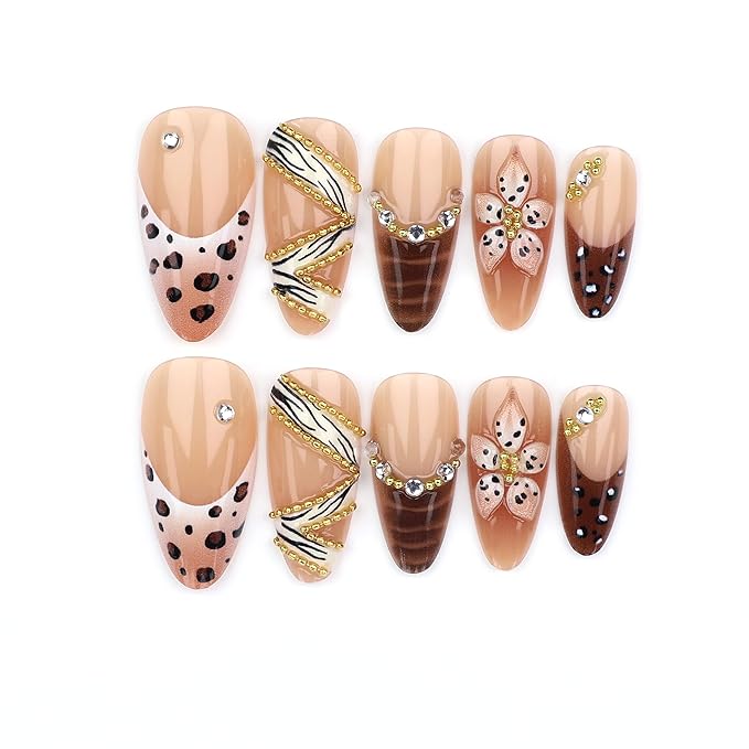 Long Almond Press on Nails Glossy Fake Nails Nude Leopard Print with Floral Gold Chain False Nail Stick on Nail for Women 24pcs