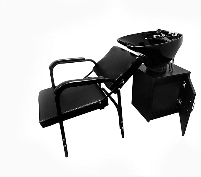 Tilting Shampoo Bowl Black Ceramic on Cabinet With Reclining Shampoo Chair TLC-B35-TC-216