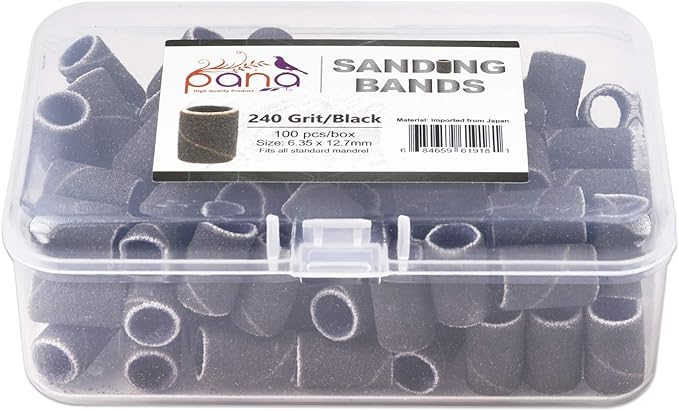 PANA 100 Pieces Nail Sanding Bands Professional Nail Manicure Great Fit for Nail Drill Bits for Acrylic Nails (240 Grit, Black)