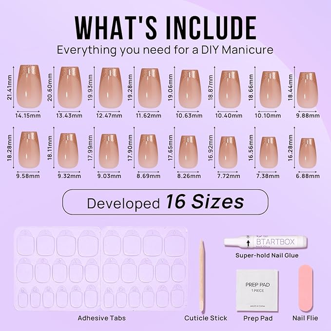 BTArtbox Press on Nails Coffin - Gold Rose French Tips Press On Nails Short for Women, Cat Eye Nail Tips, Glitter Fake Nails with Glue, Glue On Nails in 16 Sizes - 30 Nail Kit, Gold Dust
