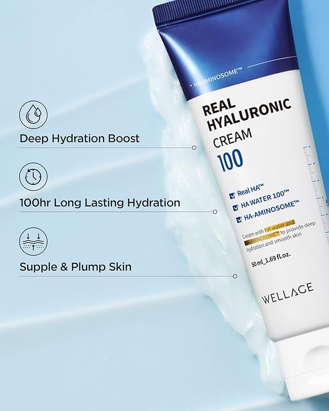 WELLAGE Real Hyaluronic Cream 100, Pure Hyaluronic Acid Korean Face Moisturizer with Ceramide Panthenol Squalane Vitamin B5 Niacinamide - Hydrating face moisturizer, Hypoallergenic, 1.69oz.