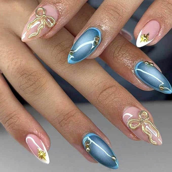 White French Tip Press on Nails Medium Almond Fake Nails with 3D Gold Bow Star Designs Blue Acrylic False Nails Glue on Nails Full Cover Stick on Nail for Women Quick Manicure Kit 24Pcs