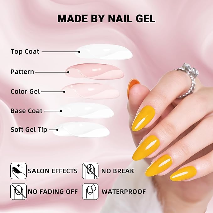 Wooyas Press on Nails Almond, Yellow Medium Handmade Fake Nails Reusable, Made by Soft Gel, Lightweight Natural Glossy Fake Nail in 12 Sizes - 24 Pcs Soft Gel Glue On Nails Kit