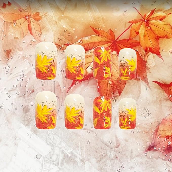 Maple Leaf Press on Nails 24Pcs Glossy Red Glitter Acrylic Fake Nail Thanksgiving Medium Square False Nails Fall Leaves Stick on Fingernails Autumn Gel Glue on Nail for Coquette Women Girls