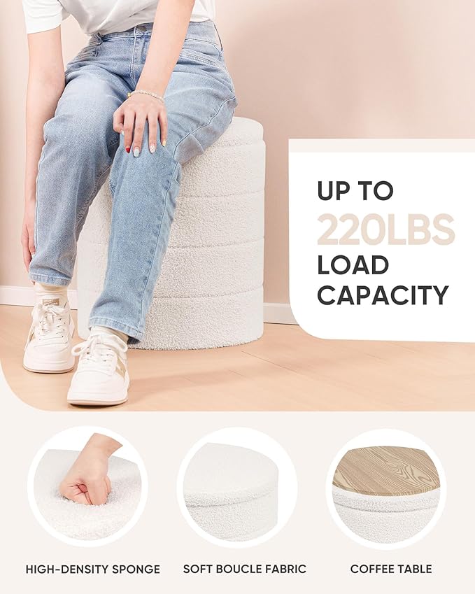 B FSOBEIIALEO Ottoman with Stroage, Round Sherpa Storage Ottoman Stool, Boucle Foot Rest 14.6"x14.6"x17.7"（White