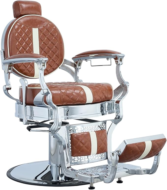 FRNIMAC Heavy Duty Barber Chair, All Purpose Vintage Style Mens Barber Chair Hydraulic Recline Salon Chair Barbershop Equipment for Beauty Spa Tatoo Massage, Weight Capacity 700lbs (Brown-Chrome)