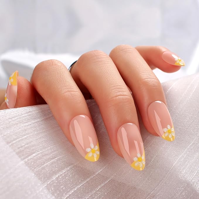 Yellow French Tip Press-On Nails with White Daisy Design, Almond Shape, Glossy Reusable Fake Nails, 24Pcs Full Cover Manicure Set