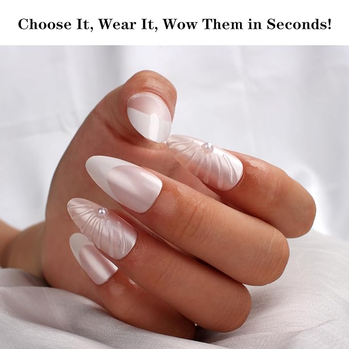 3D Pearl French Press On Nails Almond Medium Nude Pink & White Acrylic Fake Nails with Sculpted Design, Reusable Stick On Nails for Women, 24PCS with Glue and Full Manicure Kit