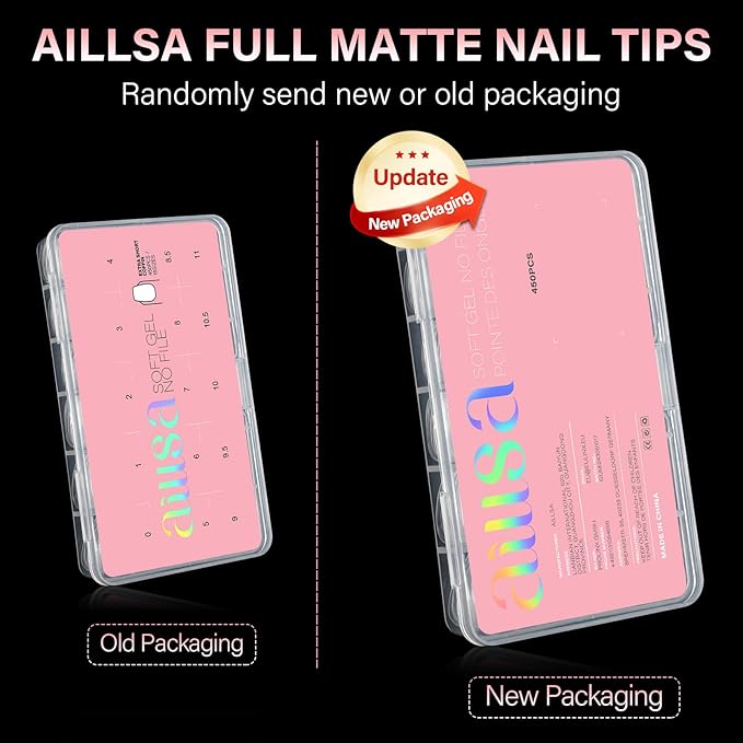 AILLSA Extra Short Coffin Nail Tips 450PCS Full Cover Acrylic Gel Clear Nail Tips Double-sided Matte Pre-Shaped Press on False Nail Tips for Nail Extension Fake Nails Manicure 15 Sizes
