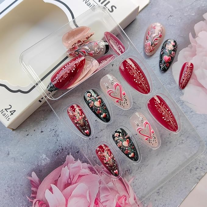 24Pcs Valentine's Day Press on Nails Long Almond Fake Nails Pink Love Heart False Nails Flower Rose Full Cover Glue on Nails Valentines Artificial Stick on Nail Glossy Acrylic Nails for Women Manicure