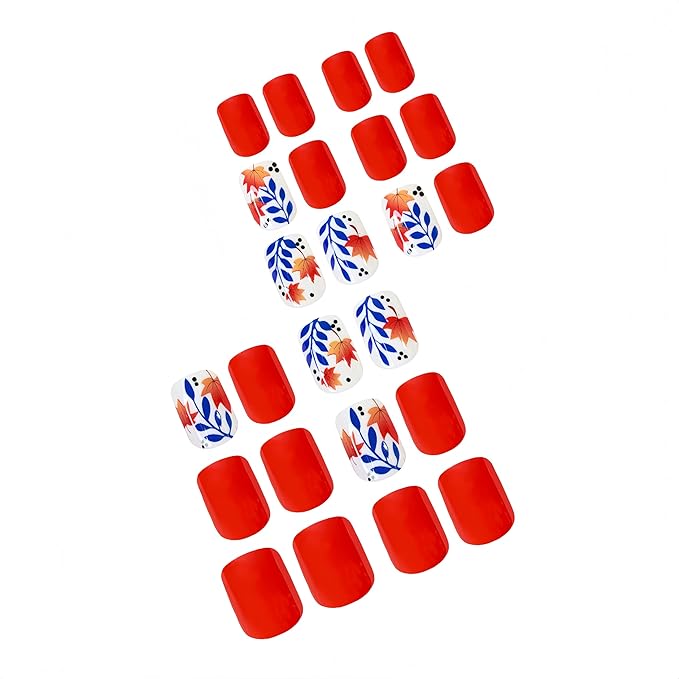 24Pcs Fall Red Press on Nails Short Square Fake Nails with Maple Leaf Design Autumn False Nails Thanksgiving Glue on Nails Blue Leaf Polka Dot Full Cover Artificial Nail for Women Holiday Manicure