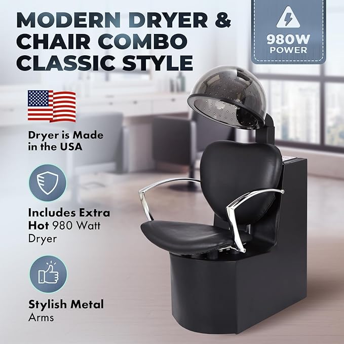 Buy-Rite Chea Hair Dryer Chair with 980W Salon Dryer - Extra-Wide Seat, 4 Heat Settings, Timer, Metal Arms, Modern Design, No Assembly Required, Pro Salon Combo, OD-6918DCHL-1500