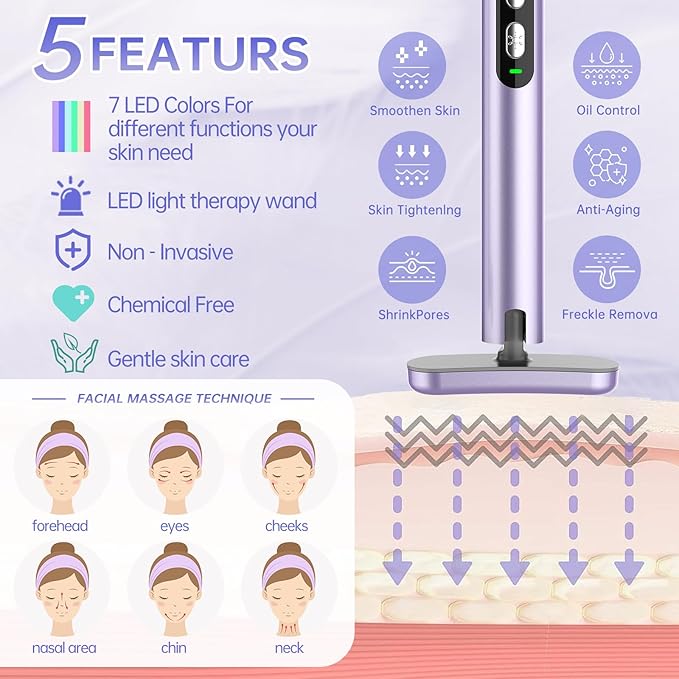 Light-Therapy-Wand, Red Light Therapy for Face and Neck Facial Wand 7 in 1 Led Beauty Wand Red & Blue Rejuvenation Face & Eye Massager Skincare Tool
