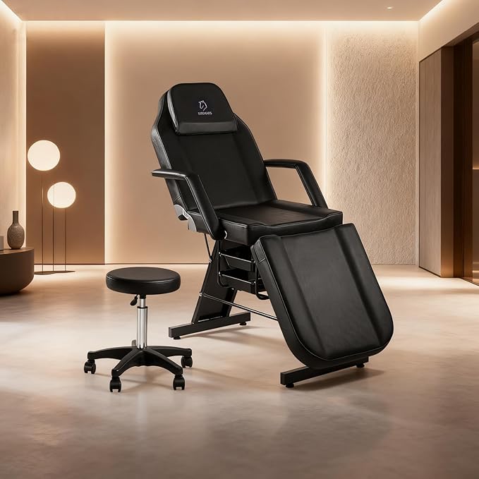 Tattoo Chair Adjustable,Facial Chair Multipurpose 73 Inch Spa Facial Bed with Massage Equipment Stool for Beauty Spa Tattoo, Black