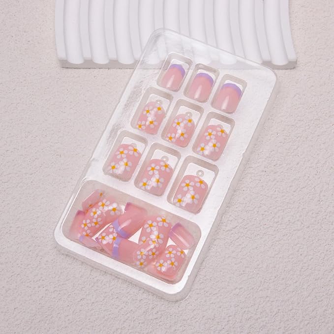 French Tip Press on Nails Short Square Fake Nails Flowers Acrylic Nails Floral False Nails Press ons Glossy Stick on Nails Cute Artificial Nails for Women Girls Nails Decoration Manicure 24Pcs