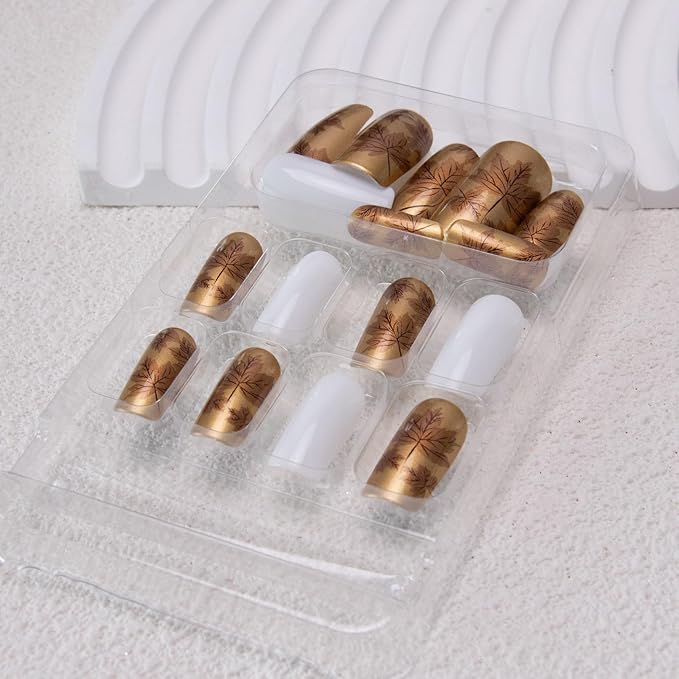 Gold Press on Nails Medium Square Fake Nails Leaf Acrylic Nails Fall False Nails Glossy Glue on Nails White Stick on Nails Luxury Artificial Nails for Women Girls Manicure 24Pcs